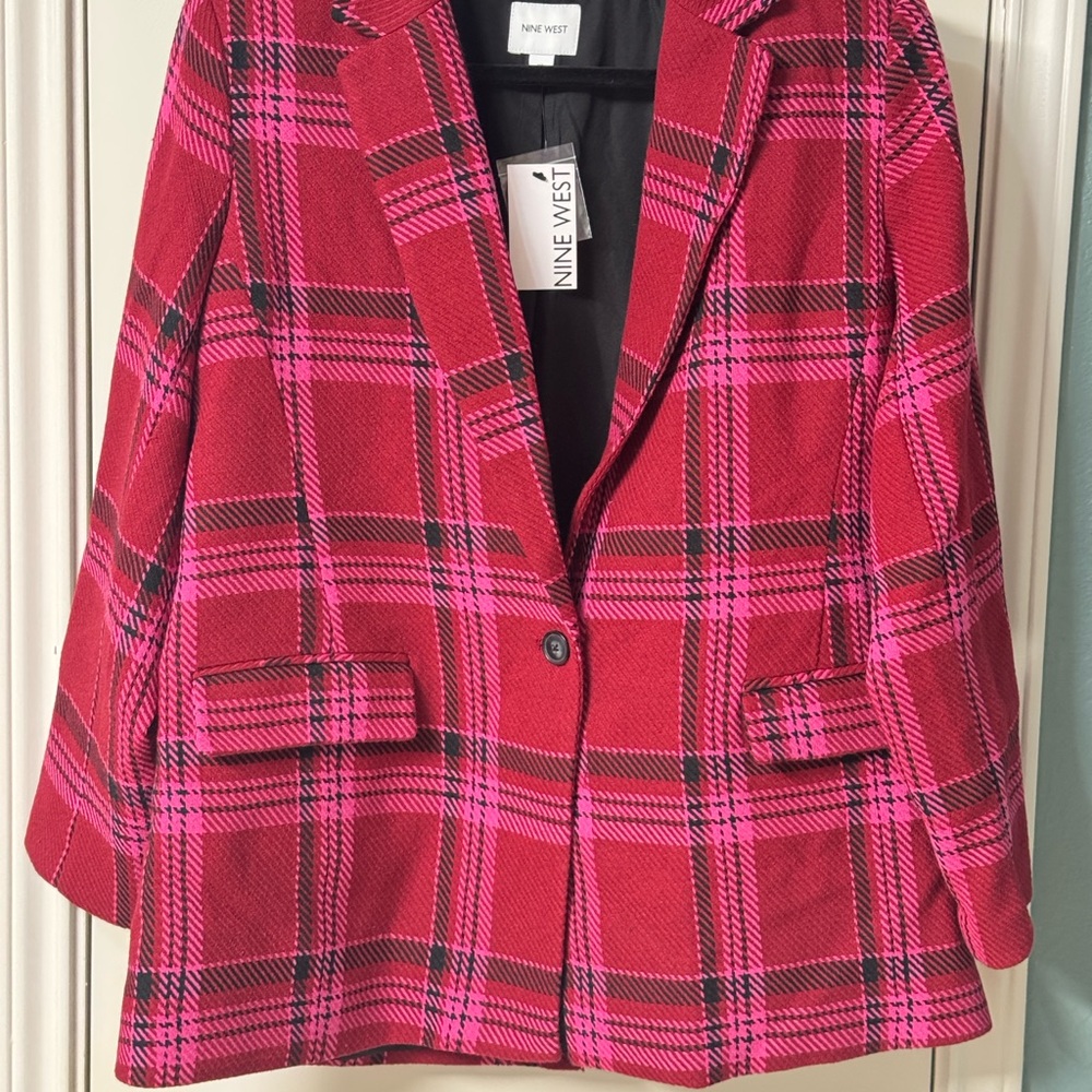 Nine West Women's Red and Black Plaid Blazer NWT